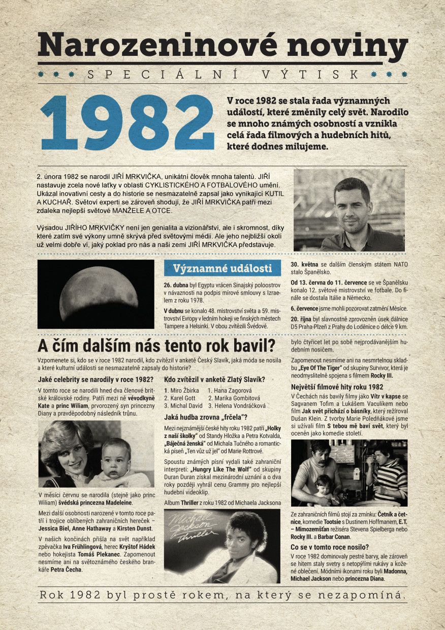 Narozeninové noviny 1982 s vlastní fotografií a textem, S fotografií a ...