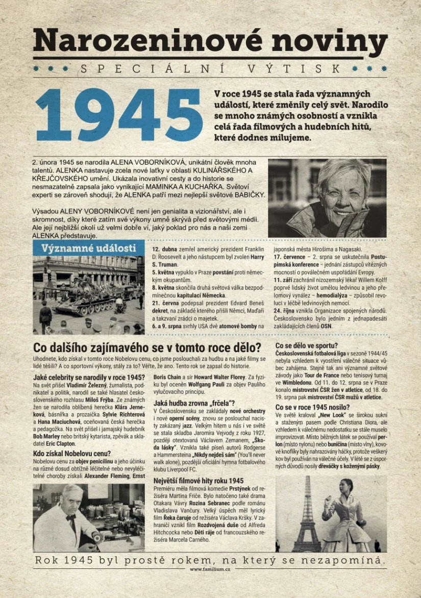 Narozeninové noviny 1945 s vlastní fotografií a textem