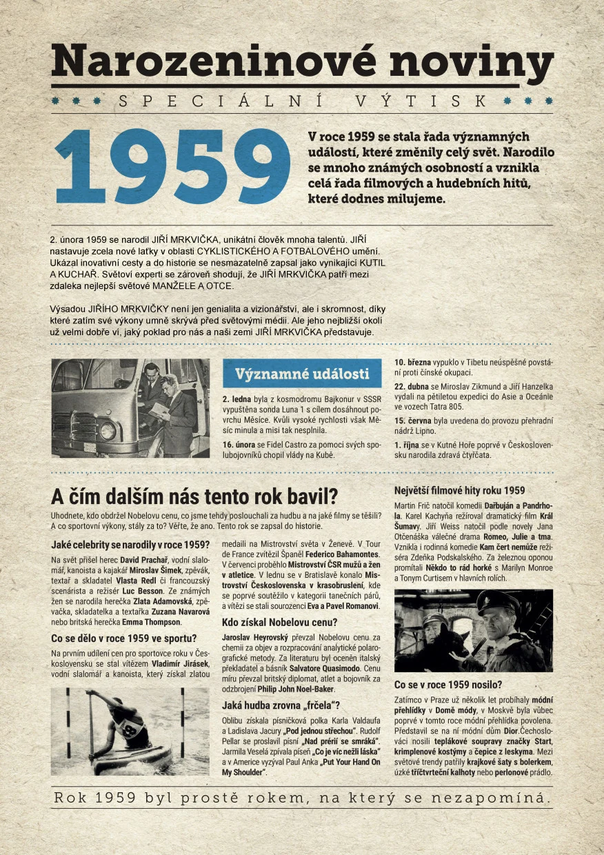 Narozeninové noviny 1959 s vlastní fotografií a textem