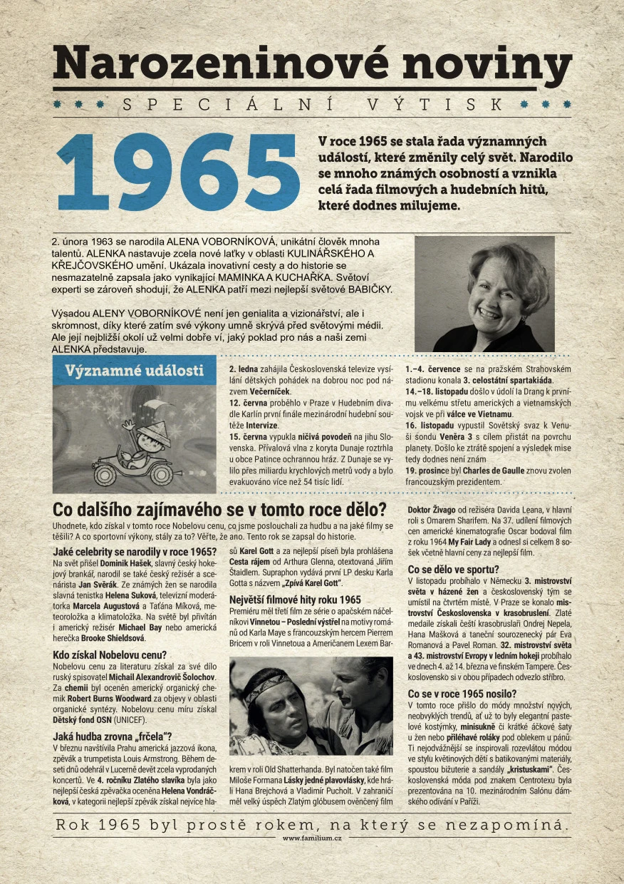 Narozeninové noviny 1965 s vlastní fotografií a textem