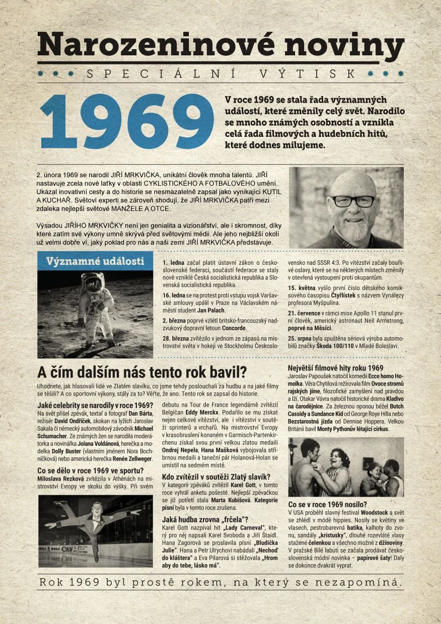 Narozeninové noviny 1969 s vlastní fotografií a textem