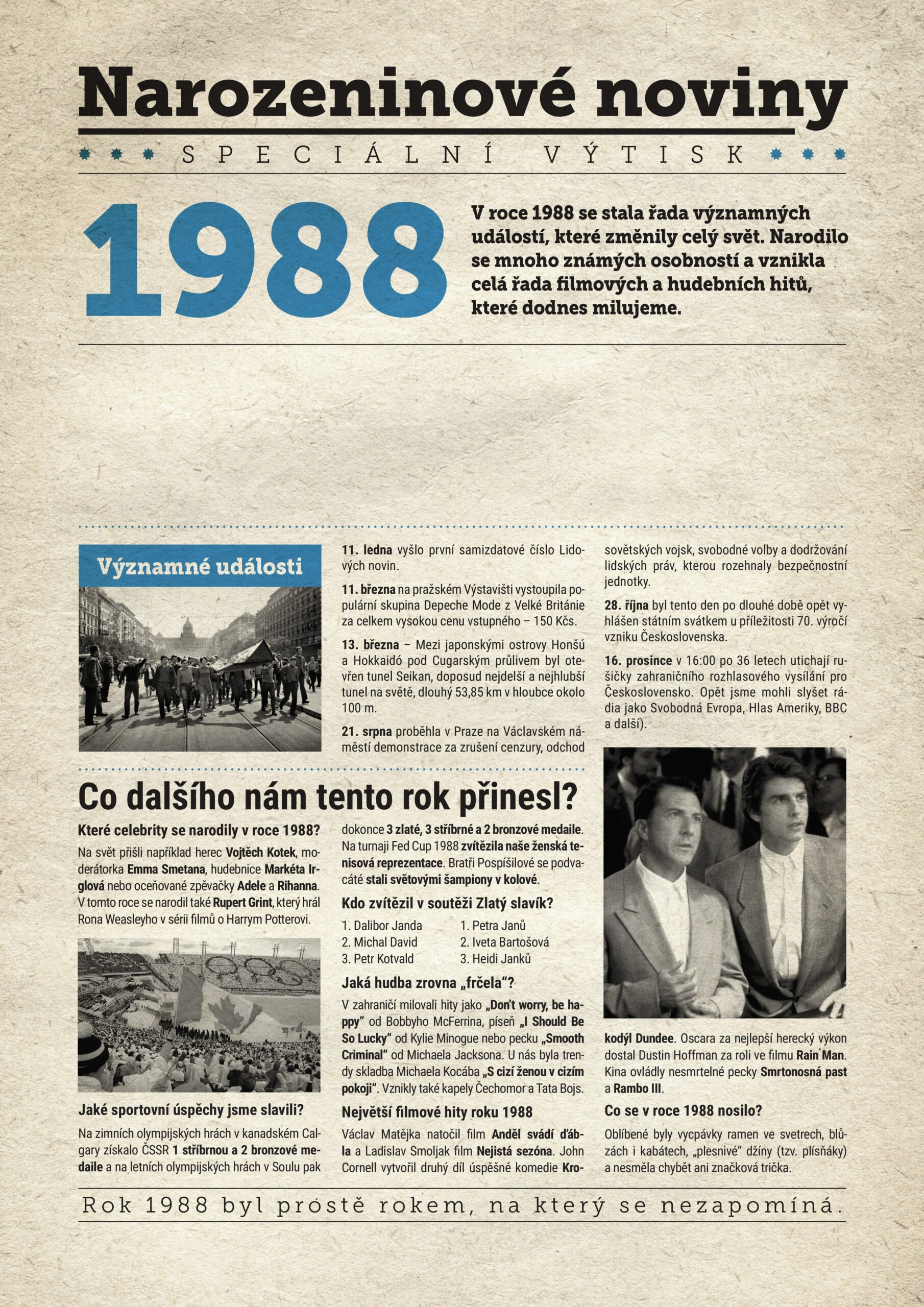 Narozeninové noviny 1988 s vlastní fotografií a textem