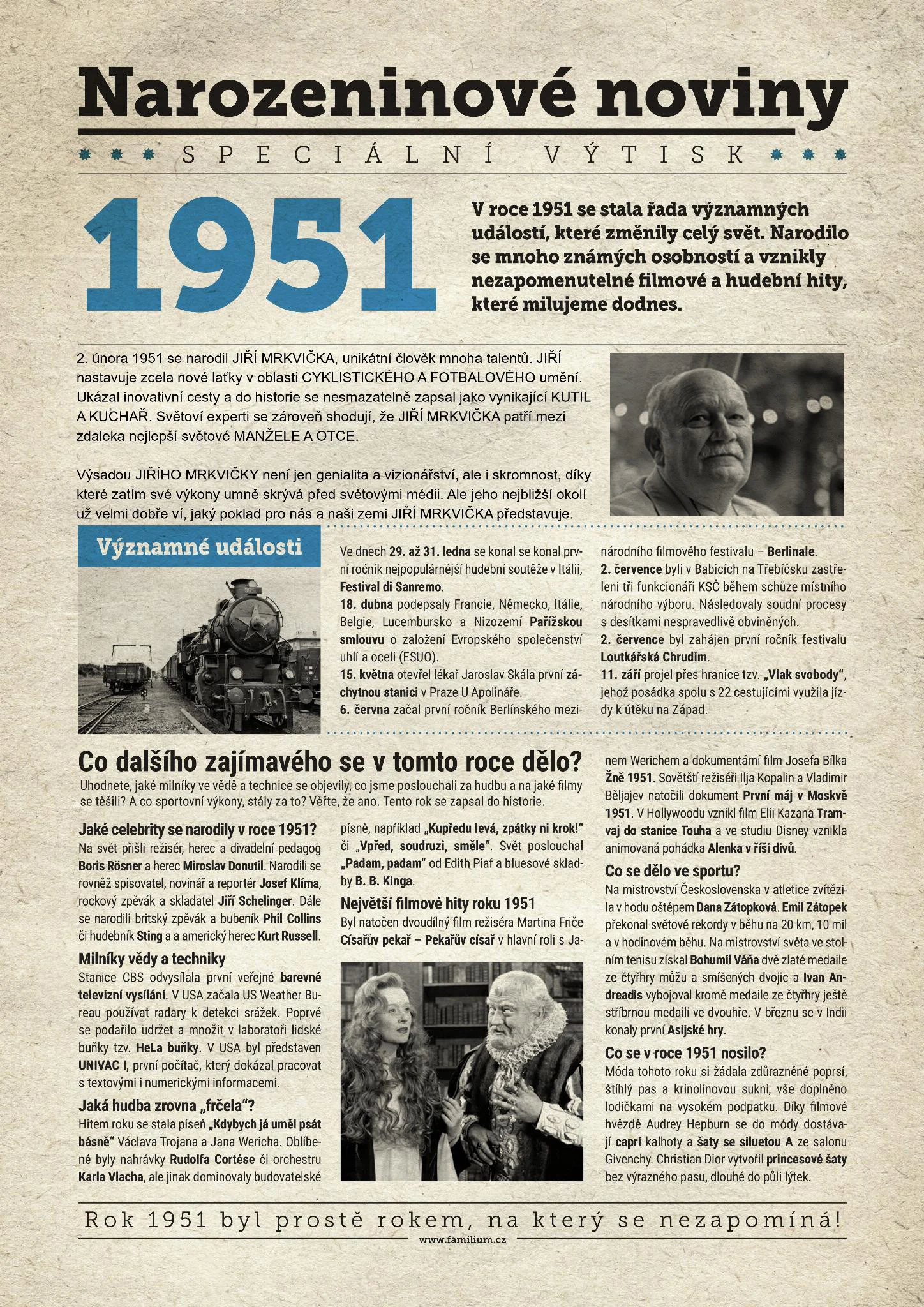 Narozeninové noviny 1951 s vlastní fotografií a textem