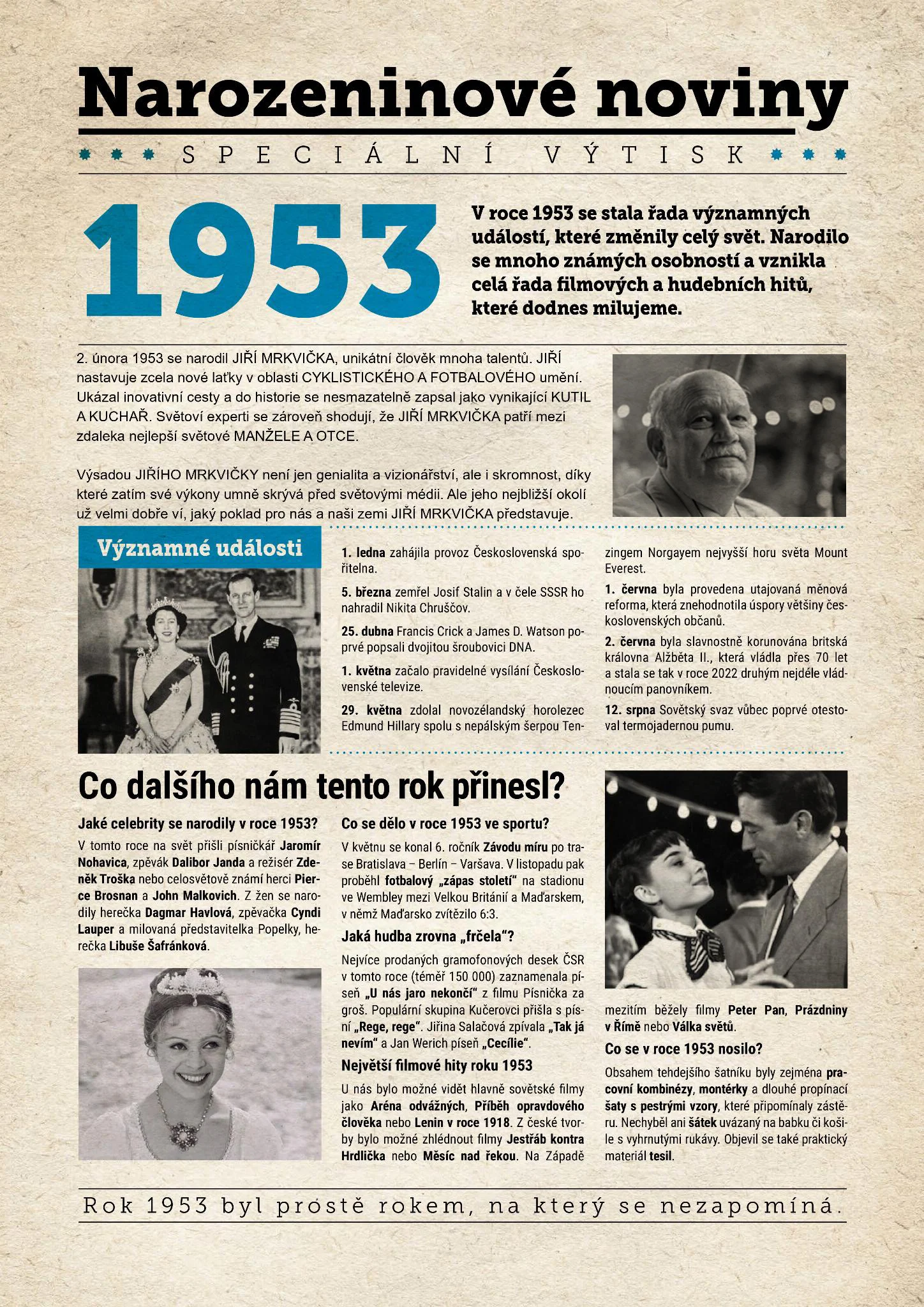 Narozeninové noviny 1953 s vlastní fotografií a textem