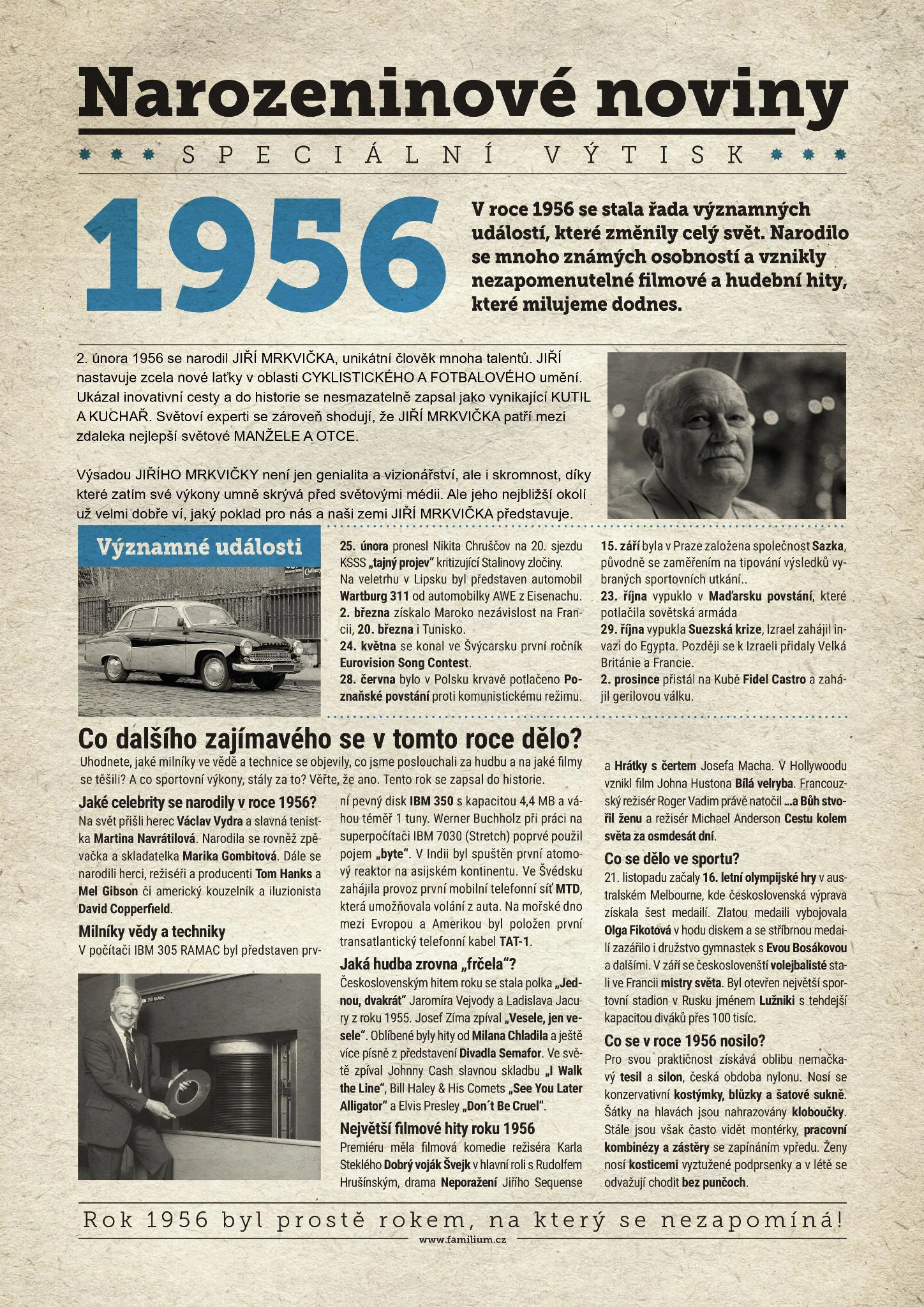 Narozeninové noviny 1956 s vlastní fotografií a textem