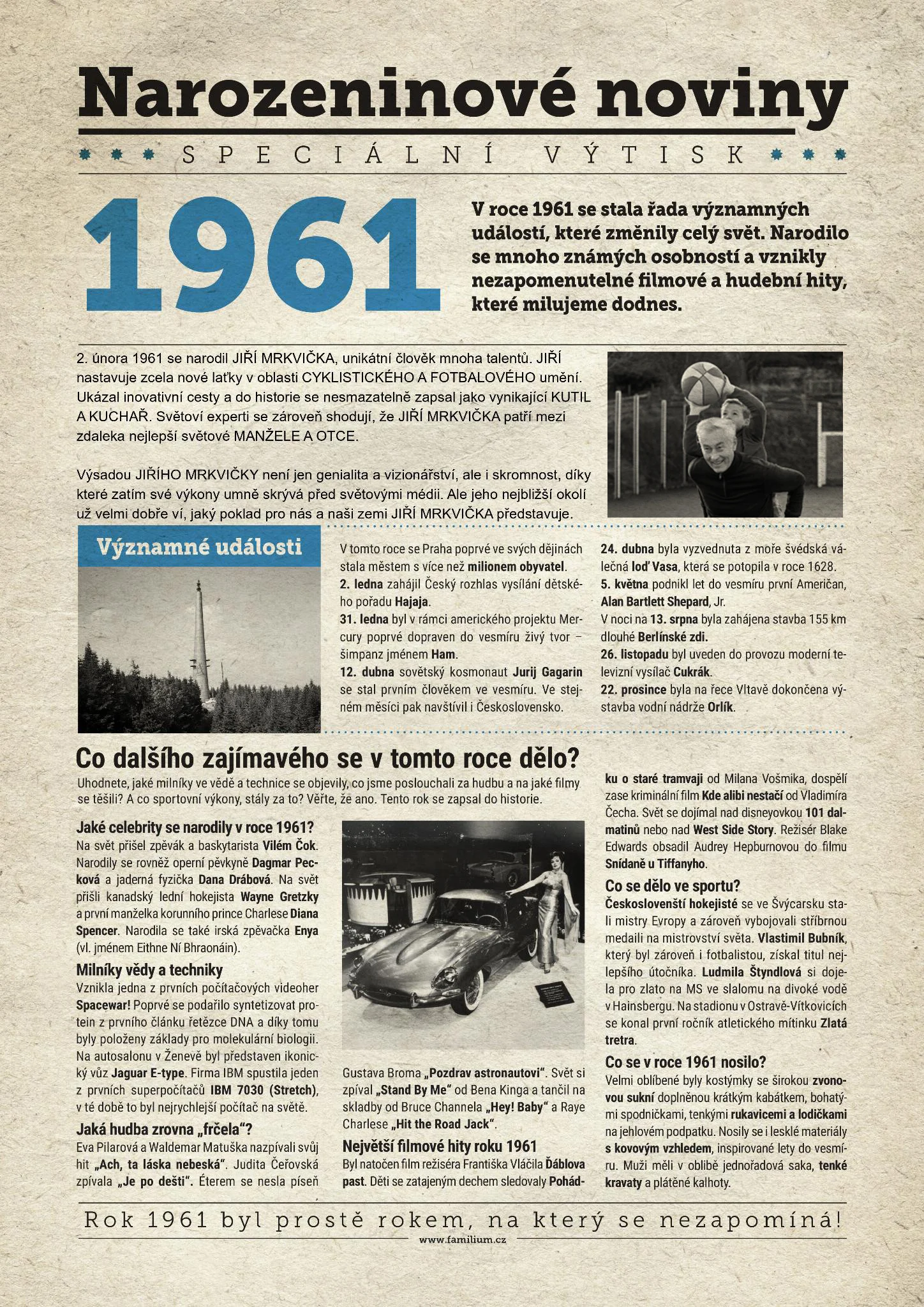 Narozeninové noviny 1961 s vlastní fotografií a textem