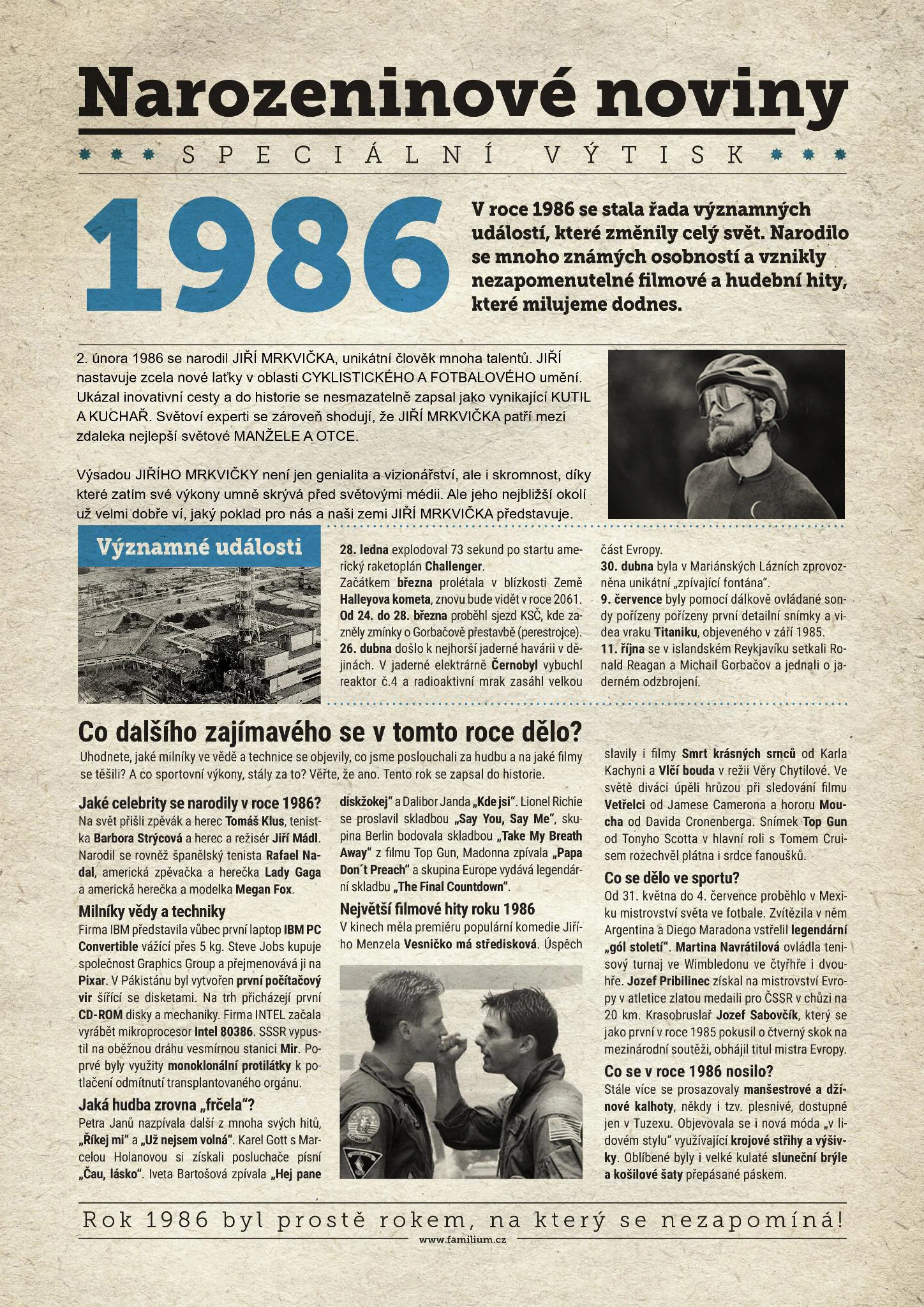 Narozeninové noviny 1986 s vlastní fotografií a textem